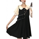 Summer Hot Trendy Chic Black Puff Sleeve Petal Collar Button Embellished Mini Babydoll Dress