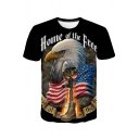Cool Letter HOME OF THE FREE Eagle Printed Round Neck Short Sleeve Black T-Shirt