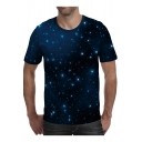 Blue Starry Galaxy 3D Printed Round Neck Short Sleeve Casual T-Shirt