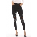 Womens New Fashion Black Beading Embellished Ripped Hole Slim Fit Jeans