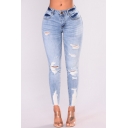 Womens Fashion Light Blue Destroyed Ripped Slim Fitted Denim Jeans