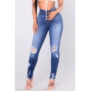 Womens Fashion Blue Ripped Knee Cut Raw Hem Skinny Fit Denim Jeans