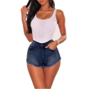 Womens Summer Hot Popular High Rise Frayed Hem Slim Blue Hot Pants Denim Shorts