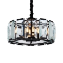 Iron Drum Hanging Light with Clear Crystal Panel 4 Lights Antique Chandelier in Black for Cafe