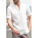 Mens Simple Vertical Striped Printed V-Neck Short Sleeve Cotton Loose Shirt