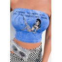 Sexy Comic Girl Letter PLEASED TO MEET YOU Pattern Blue Cropped Bandeau Top