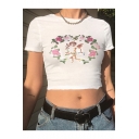 Cute Heart-Shaped Floral Angel Print Round Neck Short Sleeve White Fitted Crop Tee