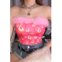 Girls Pink Fire Print Fur-Trimmed Strapless Cropped Bandeau Top