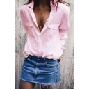 Womens Summer Hot Trendy Simple Solid Color Flap Pocket Front Long Sleeve Button Down Work Shirt
