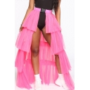 Womens Designer Unique Cool Plain Buckled Waist Layered Mesh Maxi Flared Skirt