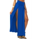 New Trendy Women's Summer Sexy Split Front Simple Plain Maxi High Waist Skirt for Party