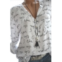 Womens Hot Popular Allover Letter Printed Button V-Neck Long Sleeve Casual Blouse Top