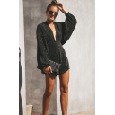 Women Hot Sexy Deep V-Neck Backless Batwing Long Sleeve Plain Sequined Romper
