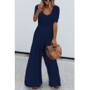 New Trendy Womens Solid Color Round Neck Short Sleeve Casual Loose Holiday Wide-Leg Jumpsuits
