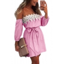 Hot Popular Sexy Off the Shoulder Lace-Panel Striped Print Tied Waist Mini A-Line Dress