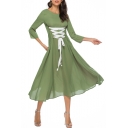 Hot Fashion Womens 3/4 Sleeves Emerald Eyelet Lace Up Gather Waist Midi Flowy Dress