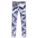 Men's New Fashion Chinese Style Unique Printed Blue Slim Fit Casual Jeans