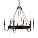 Lodge Villa Ring Hanging Light with Candle Metal 6 Lights Colonial Style Black Chandelier