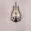 Rustic Style Candle Chandelier with Crystal Leaf 4 Lights Wrought Iron Hanging Lamp in Black for Cafe