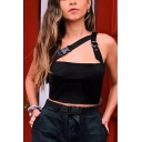 Womens Summer Cool Buckled Strap Cutout Slim Fit Black Crop Tank Top
