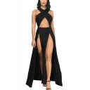 Womens Designer Fashion Crisscross Cutout Front Sleeveless Sexy Split Front Plain Maxi Party Dress