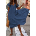 Womens Summer Plain V-Neck Short Sleeve Maxi Swing Asymmetrical Dress