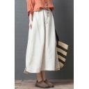 Trendy Simple Solid Color Drawstring Elastic Waist Casual Maxi Linen Skirt
