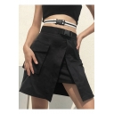Girls Cool Street Fashion Buckled Waist Flap Pocket Side Mini Black A-Line Cargo Skirt