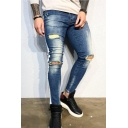 Guys New Fashion Vintage Washed Side Webbing Blue Skinny Ripped Jeans