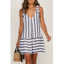 Summer Hot Popular Striped Printed V-Neck Sleeveless Button Front Mini Dress