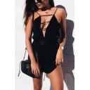 Lady Summer Stylish Black Plunge V-Neck Cutout Straps Sleeveless Elastic Waist Nightclub Romper