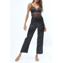 Trendy Hot Sexy Black Straps Lace Trim Mesh Patchwork Sleeveless Jumpsuit for Sleep