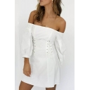 Fashion White New Arrival Off Shoulder Long Sleeve Eyelet Lace Up Mini A-Line Dress