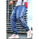 Men's Popular Fashion Letter Printed Drawstring Waist Elastic Cuffs Loose Tapered Jeans