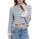 New Stylish Womens Srtiped Print Cutout Zip Neck Patch Lace Sleeve Umbilical T-Shirt