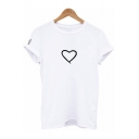 New Stylish Rolled Sleeve Round Neck Letter Heart Printed Casual Loose T-Shirt