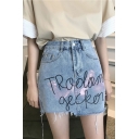 Personalized High Waist Letter Printed Raw Hem Tie Dye Mini Denim Skirt
