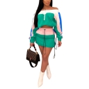 Long Sleeve Cropped Sweatshirt with Drawstring Cord Mini Skirt Colorblock Patch Loose Sunscreen Co-ords