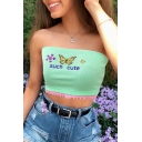 SUCH CUTE Letter Butterfly Floral Printed Strapless Green Bandeau Tee