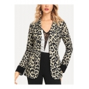 Womens New Stylish Leopard Printed Notched Lapel Collar Long Sleeve Button Down Blazer Jacket Coat