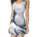 Trendy Grey Sea Wave Pattern Round Neck Sleeveless Mini Bodycon Tank Dress
