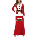 Christmas Santa Claus Cosplay Costume Round Neck Long Sleeve Red Maxi Dress