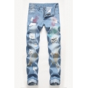 Men's Popular Fashion Colored Brushing Printed Light Blue Distressed Ripped Jeans