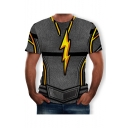 Summer Stylish Lightning Pattern Round Neck Short Sleeve Grey T-Shirt For Men