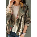 Notched Lapel Collar Army Green Camouflage Floral Printed Long Sleeve Short Jacket