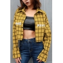 Simple Letter Psycho Print Plaid Pattern Button Down Yellow Cropped Shirt