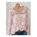 Girls New Trendy Floral Print V-Neck Long Sleeve Lace Patched Loose Casual Shirt