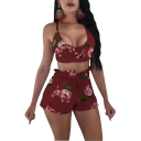 Womens Sexy Floral Printed Scoop Neck Sleeveless Crop Cami Pleated Shorts Co-ords