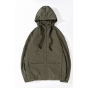 Mens Vintage Simple Plain Long Sleeve Zip Up Drawstring Hooded Casual Loose Trench Jacket