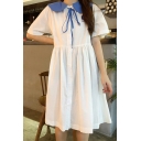 Summer Girls Tied Sailor Collar Short Sleeve Flower Embroidery Button Front Midi Babydoll Smocked Dress